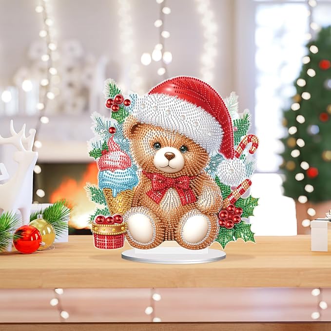 5D Diamond Art Painting Ornament Kits Christmas Bear Doll, DIY Diamond Painting Desktop Ornament, Special Shaped Crystal Rhinestone Diamond Art Tabletop Home Office Christmas Tree Decor (24x24.6cm)