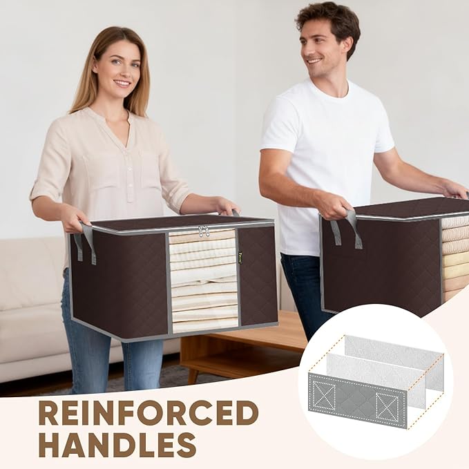 BALEINE 6 Pack Clothes Storage Bags, 24 Gallon Storage Containers with Reinforced Handle, Sturdy Zipper, Closet Organizer for Blanket, Comforter, Pillow, Bedding (Brown, 6 Pack)