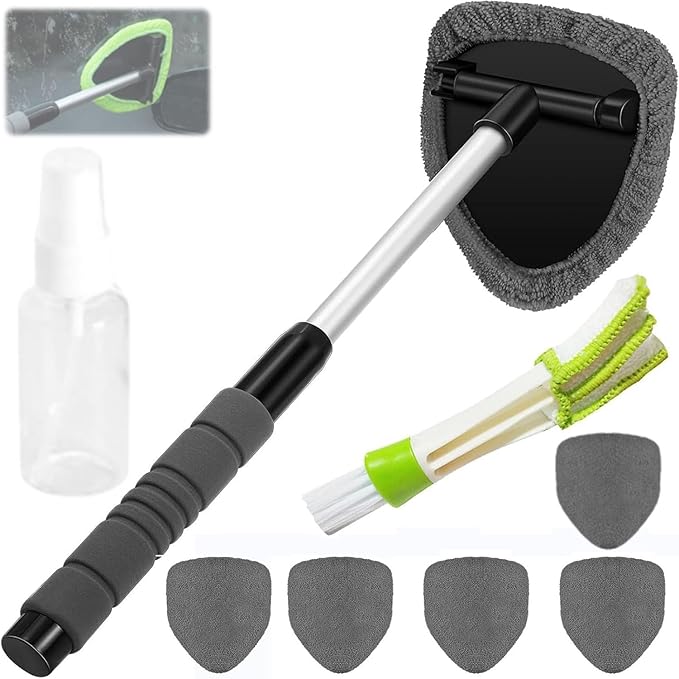 IBHOO Windshield Cleaning Tool, Microfiber Car Window Cleaner with 4 Reusable and Washable Microfiber Pads and Extendable Handle