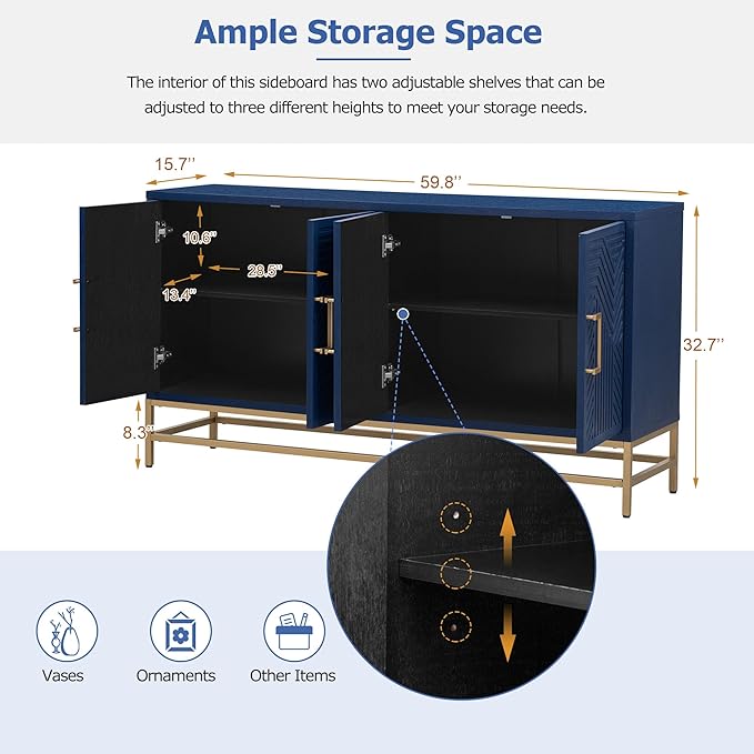Amposei Accent Sideboard Cabinet 59.8-Inch Retro Credenza Console Storage Cabinet Dining Buffet Table with 4 Doors & Adjustable Shelves for Living Room Entrance, Navy