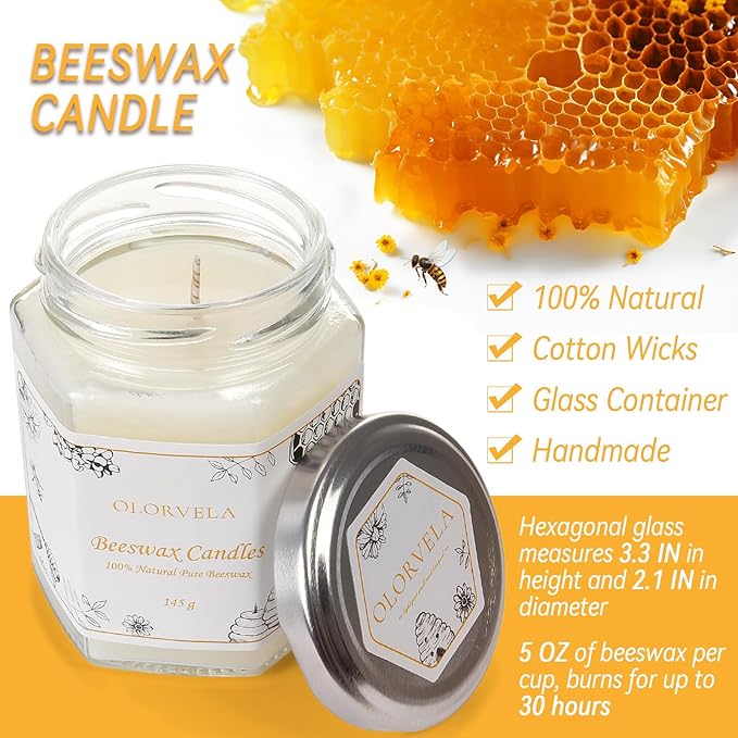 Jar Beeswax Candles-100% Natural Pure Beeswax Candles,5oz Unscented Beeswa Candle,Up to 30 Hours Burn Time, Bees Wax Candles for Decor,Party,Christmas (White, 1 Pack)