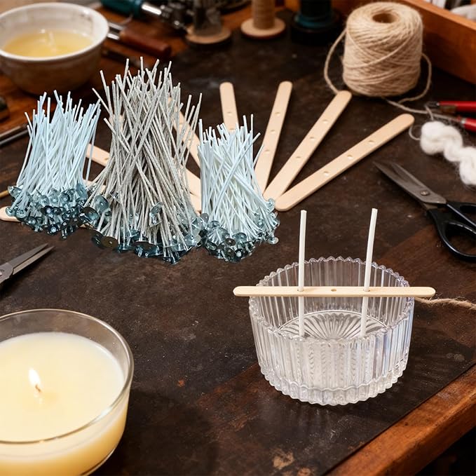 200Pcs 4 Inch Candle Wick 100Pcs 6 Inch Cotton Candle Wicks, 300Pc Wick Stickers 20 Pcs Candle Wick Holders, Wick Clips,Wicks for Candlemaking,Candle Making Supplies