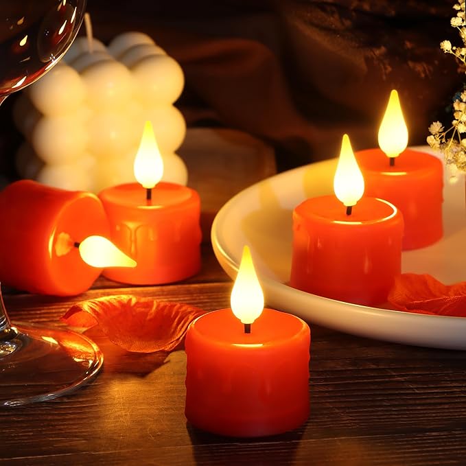 Rechargeable Flameless Tea Lights with Charging Base and USB Cable, Remote Control and Timer, Realistic Flickering Warm White Light, 6 Pack Red LED Candles
