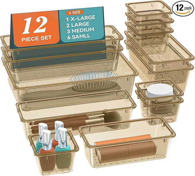 ElegantArray 12 PCS Drawer Organizer Set, 4 Sizes Tool Storage Trays, Clear Plastic Makeup Vanity Organizer and Storage Bins for Stationeries, Multiple Gadgets for Office, Bedroom, Champagne
