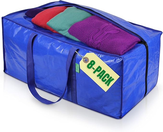 Creative Green Life Extra Large Moving Bags and Clothing Storage Bins with Strong Zipper & Carry Handles, Stackable, Heavy Duty Packing Moving Boxes for College Dorm Room Essentials (Blue, 8 Pack)