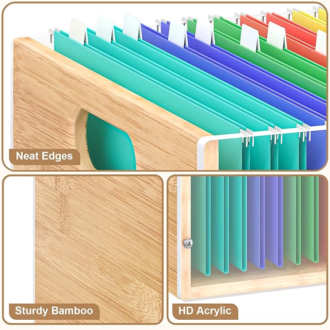 Sbanmao 2 Pack Hanging File Organizer, Clear Acrylic File Box Organizer, Bamboo Filing Box File Crate Storage Boxes, Portable Filing Organizer with Handle for Letter Size