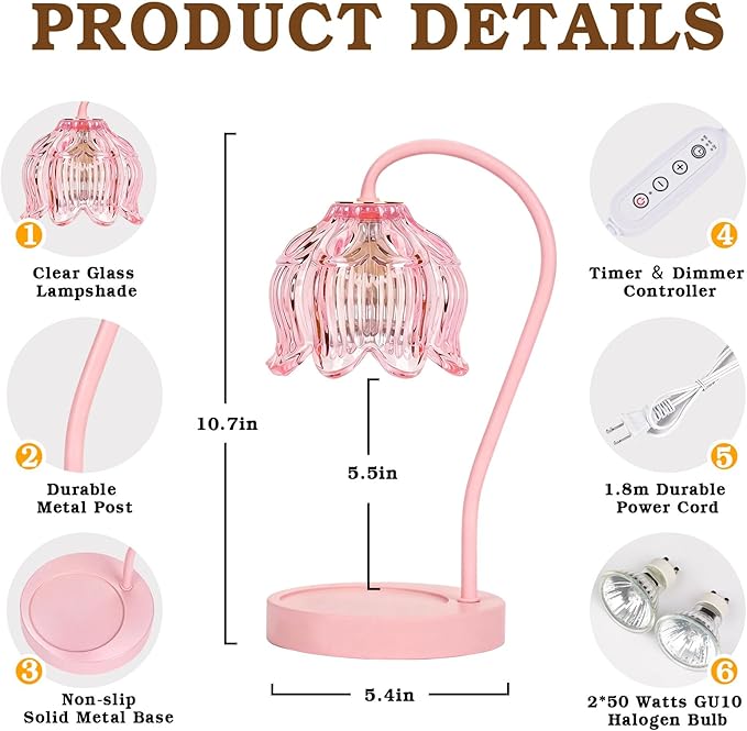 Funistree Pink Candle Warmer Lamp with Timer Dimmable,Lily of The Valley Candle Lamp Warmer, Mothers Day Birthday Gift Idea for Women Her Mom Who Have Everything, Wax Warmer for Jar Candles