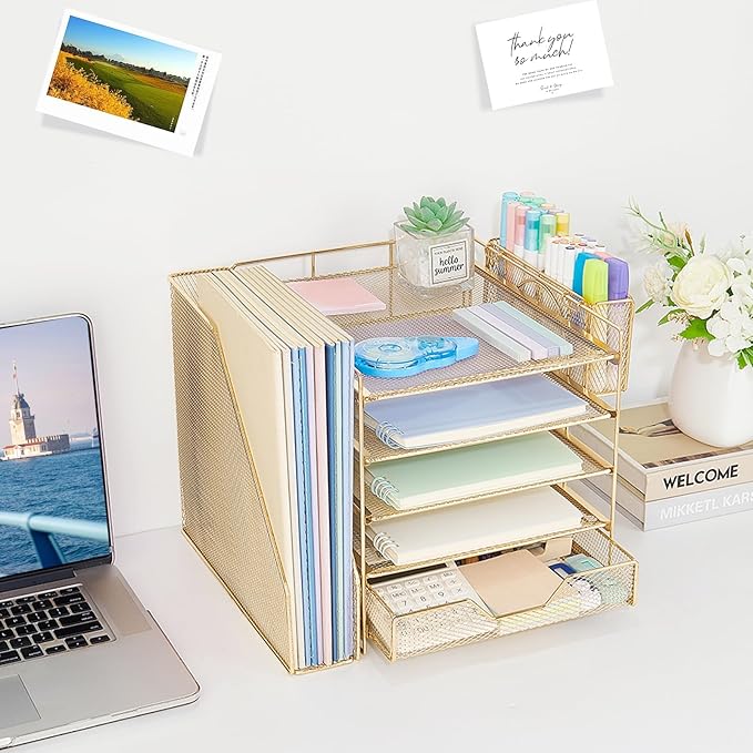 Desk Organizer, 5-Tier Paper Letter Tray Organizer with File Holder, Drawer and Pen Holder, Desktop Organizer for Office Supplies, Gold