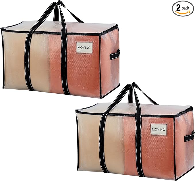 VENO 2 Pack Clear Storage Moving Bags, Heavy Duty Storage Bins with Lid, Around Handles, Tag, Zippers, Extra Large Totes Packing Moving Boxes Supplies for College Dorm Clothes (Transparent)