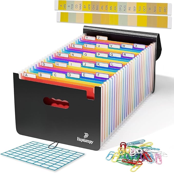 26 Pockets Plastic Accordion File Organizer, Expanding File Folder Organizer, A4 Letter Size Filing Organizer with Colorful Tabs, Elastic Cord, 60 Paper Clip, Label & Stickers for Office School Home