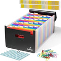 26 Pockets Plastic Accordion File Organizer, Expanding File Folder Organizer, A4 Letter Size Filing Organizer with Colorful Tabs, Elastic Cord, 60 Paper Clip, Label & Stickers for Office School Home