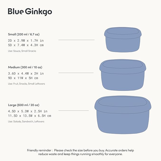 BLUE GINKGO Nesting Silicone Containers - Set of 3 Hard-Shell Silicone Food Storage Containers | BPA Free, Airtight, Dishwasher and Freezer Safe (6.7oz, 10oz, 20oz) - Blue