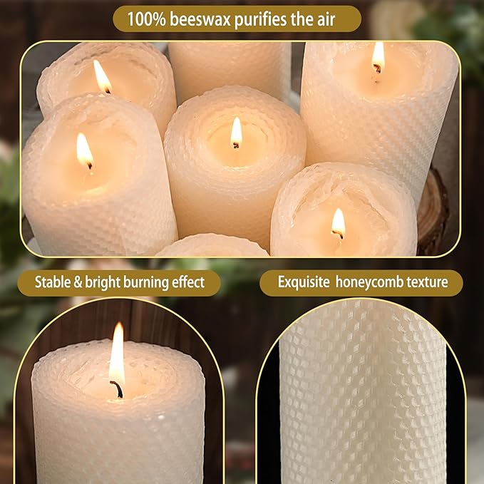 4 Packs Beeswax Pillar Candles - Hand-Rolled White Beeswax Candles, 180 Hours Long Burning Handmade Pure Beeswax Honeycomb Bees Wax Candle for Prayer, Unscented Pillar Candle (2.8x6 in)