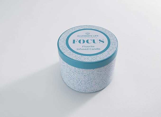 Luxury Candle Tin, 4 OZ, Focus - Fluorite Crystal Infused - Scents of Orange, Ginger, Ylang-ylang, & Lavender - Awareness, Mental Order, & Clarity - Coconut Wax Blend, Essential Oils