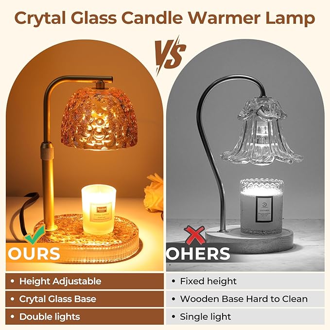 Candle Warmer Lamp with Timer Dimmer, Honeycomb Crystal Wax Melt Warmer for Jar Candles, Adjustable Height Wax Warmer Lamp with 2 Bulbs for Women Mom Gift New Home Bedroom Decor (Amber)