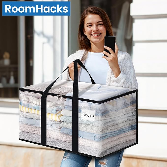 RoomHacks Clear Heavy Duty Extra Large Storage Bags, Reinforced Handles and Double Zippers, Packing Bags Alternative to Moving Boxes (6 Pack)