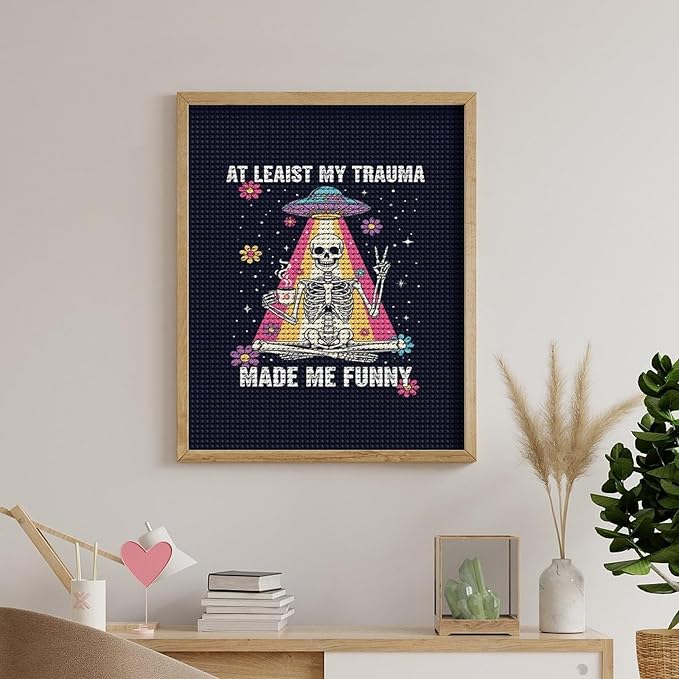 KIVJMSIDJA 5D Diamond Art Kits for Adults Skull Skeleton “At Least My Trauma Made Me Funny” Full Drill DIY Diamond Art for Home Wall Decor 16"x20"