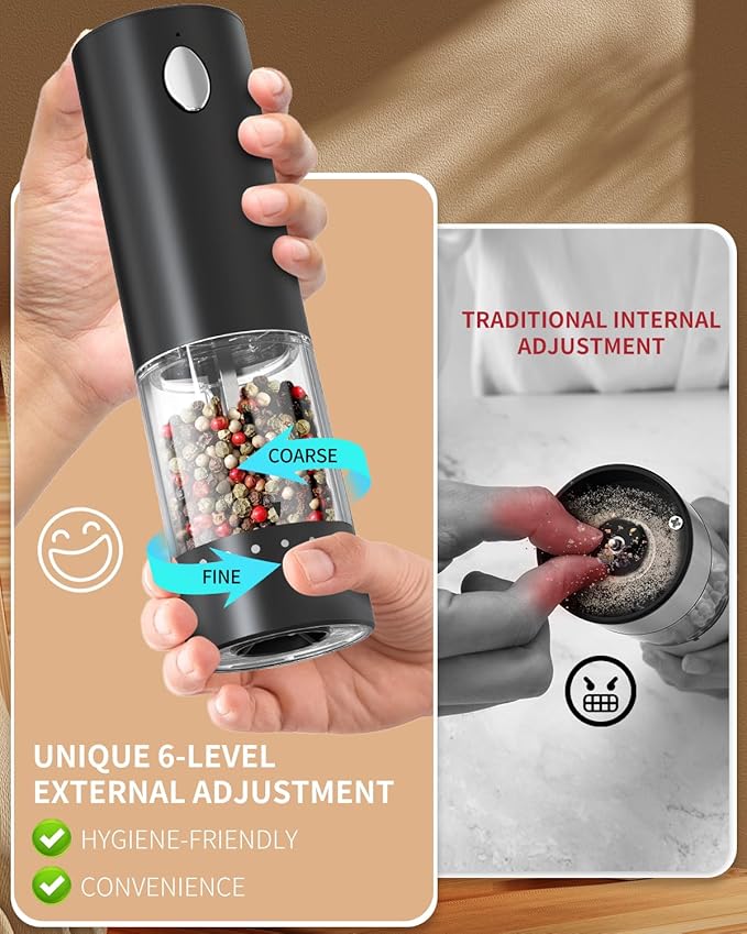 CIRCLE JOY Electric Salt and Pepper Grinder Set Rechargeable Salt and Pepper Mills with 6-Level External Adjustable Coarseness, White LED Light and Storage Base, Black & White