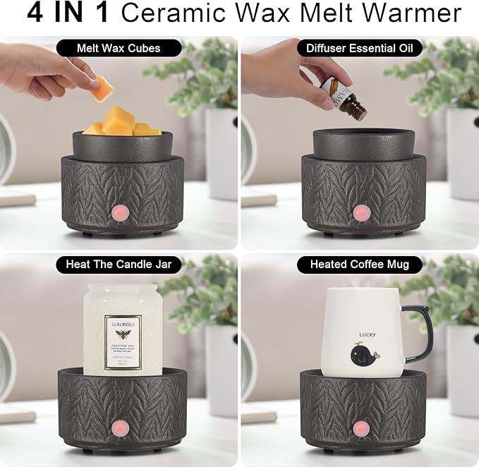 Ceramic Wax Melt Warmer, Fragrance Wax Warmer 4-in-1 Electric Candle Wax Melter and Wax Cubes for Home Office Bedroom Aromatherapy Essential Oil Burner is Birthday Gifts for Women Mom Girl(Black)