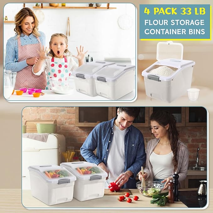 4 Pack Large Rice Storage Containers 30 Lbs Airtight Flour Container with Seal Locking Lid and Measuring Cup Kitchen Dry Food Storage Bins for Cereal Sugar Beans (Creamy White)