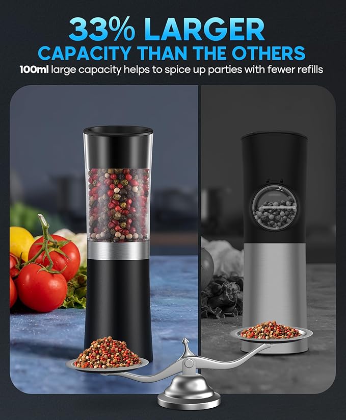 Gravity Electric Salt and Pepper Grinder Set, USB-C Rechargeable Salt and Pepper Mill with 100ml Larger Capacity, White Light, One Hand Automatic Operation, Black, 2Pack