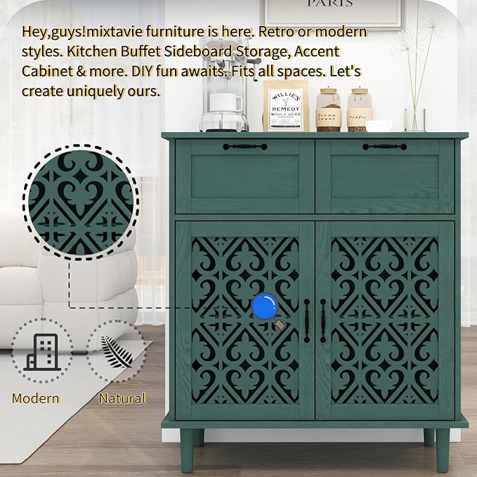 vistavie Green 2 Doors 2 Drawers Buffet Sideboard Cabinet - Accent Cabinet with Adjustable Shelves，31.5 Inch Wide Wood Storage Cabinets for Dining Room,Study Room and Kitchen