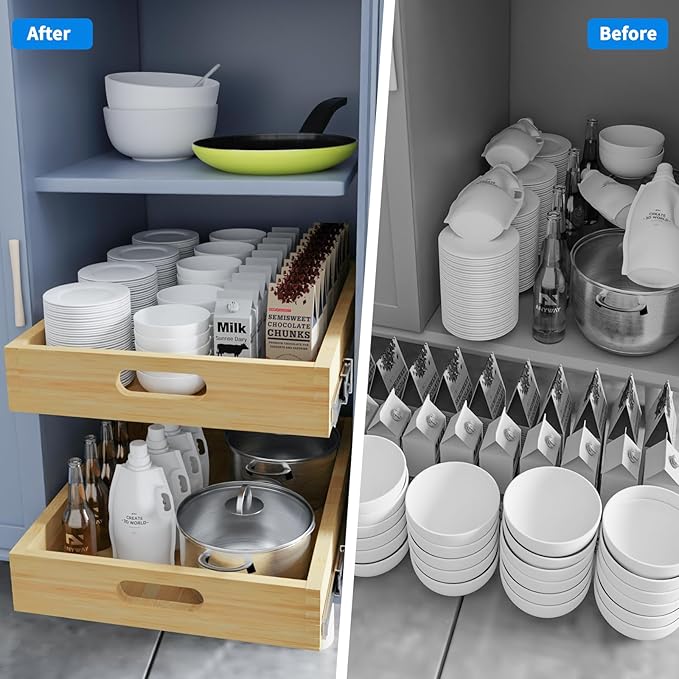 2 Set Pull Out Cabinet Organizer, Soft Close Slide Out Wood Drawer Storage Shelves for Kitchen, Base Cabinet Organization for Pantry, Finished, Heavy-Duty, Bottom Assembly (24” W x 21”