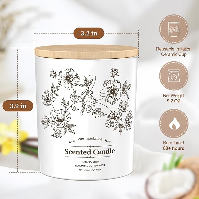 Deluxe Scented Candle for Women & Men, Vanilla Coconut Soy Wax Candle, 9.2 Oz Jar Candle for Home, Scented-80 Hour Long Lasting Burning, Suitable Present for Mom