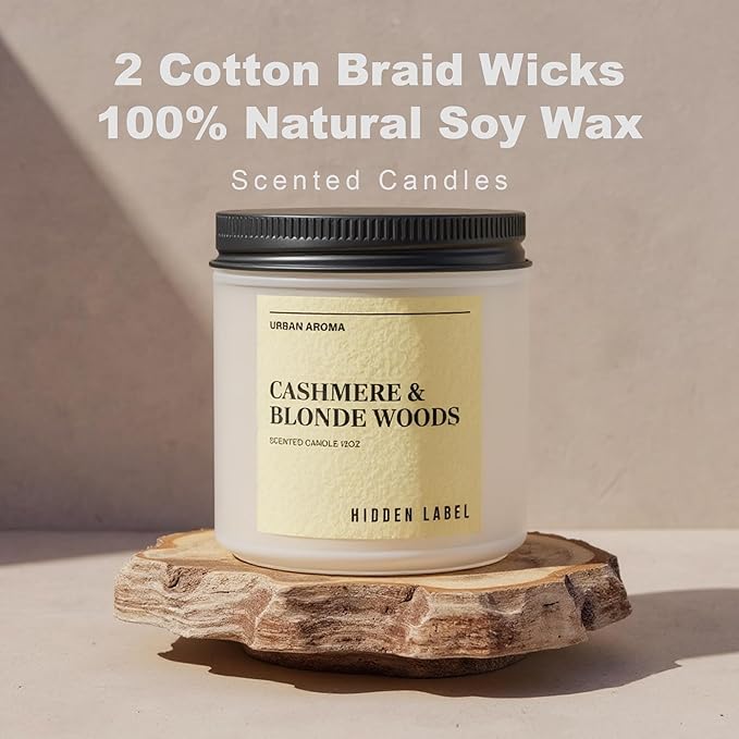 Cashmere Blonde Woods Soy Candle, 12oz Natural Soy Wax, 2 Wick Aromatherapy Candles for Home Scented, 70Hours Clean Burn, Non Toxic, Long Lasting, Gifts for Women, Men, Stress Relief, Relaxation