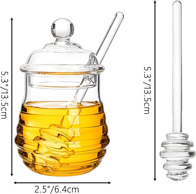 Lawei Glass Honey Jar with Dipper and Lid, 10 OZ Heat-Resistant Bee Hives Honey Pot, Clear Glass Honey Container for Store Honey and Syrup, Home and Kitchen, Easy to Clean, Dishwasher Safe