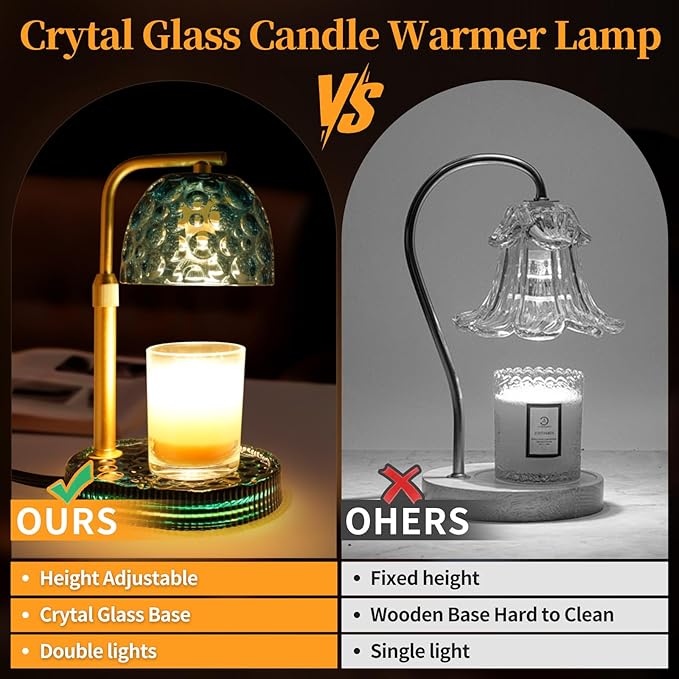 Candle Warmer Lamp with Timer Dimmer, Honeycomb Crystal Wax Melt Warmer for Jar Candles, Adjustable Height Wax Warmer Lamp with 2 Bulbs for Women Mom Gift New Home Bedroom Decor (Blue)