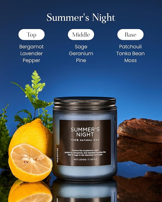 M&SENSE Summer's Night Scented Candles for Home, 7.05oz Natural Soy Wax, 50 Hours Slow Burning, Organic Non Toxic Clean Burn, Aromatherapy Candle for Spa Meditation, Romantic Smelling for Men Women