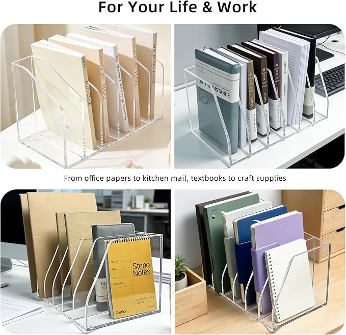 Acrylic Magazine File Holder, 6 Vertical Compartments Desk Document Sorter Organizer, Clear Folder Rack Binder for Office, Documents, Tablets, Magazines, Books – Home/Classroom Rack