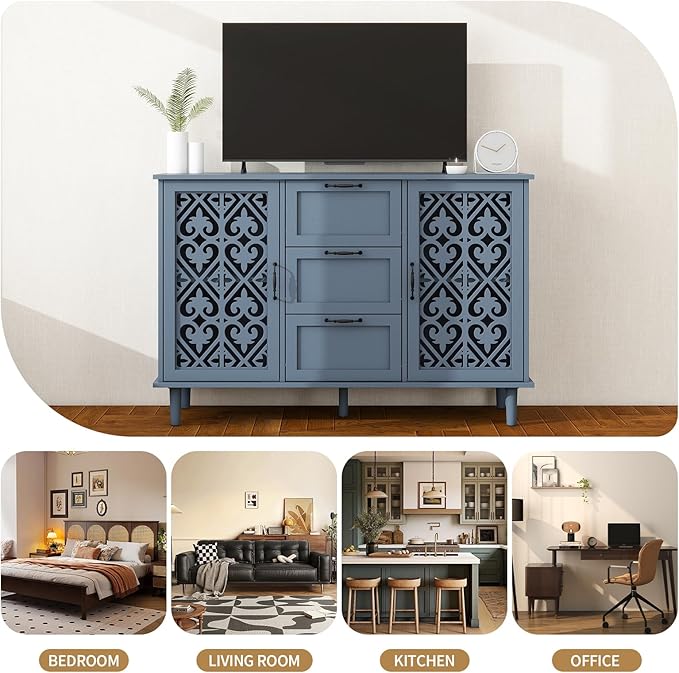 Blue 2 Doors 3 Drawers Buffet Sideboard Cabinet - Accent Cabinet with Adjustable Shelves，47 Inch Wide Wood Storage Cabinets for Dining Room,Living Room and Kitchen