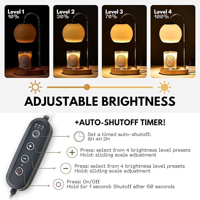 Modern Candle Warmer Lamp with Timer and Dimmer, Dimmable Electric Candle Lamp Warmer, Wax Melt Warmer, Glass with Wood Base, Home Decor Gifts 2 Bulbs Included (Beige and Natural Wood Base)