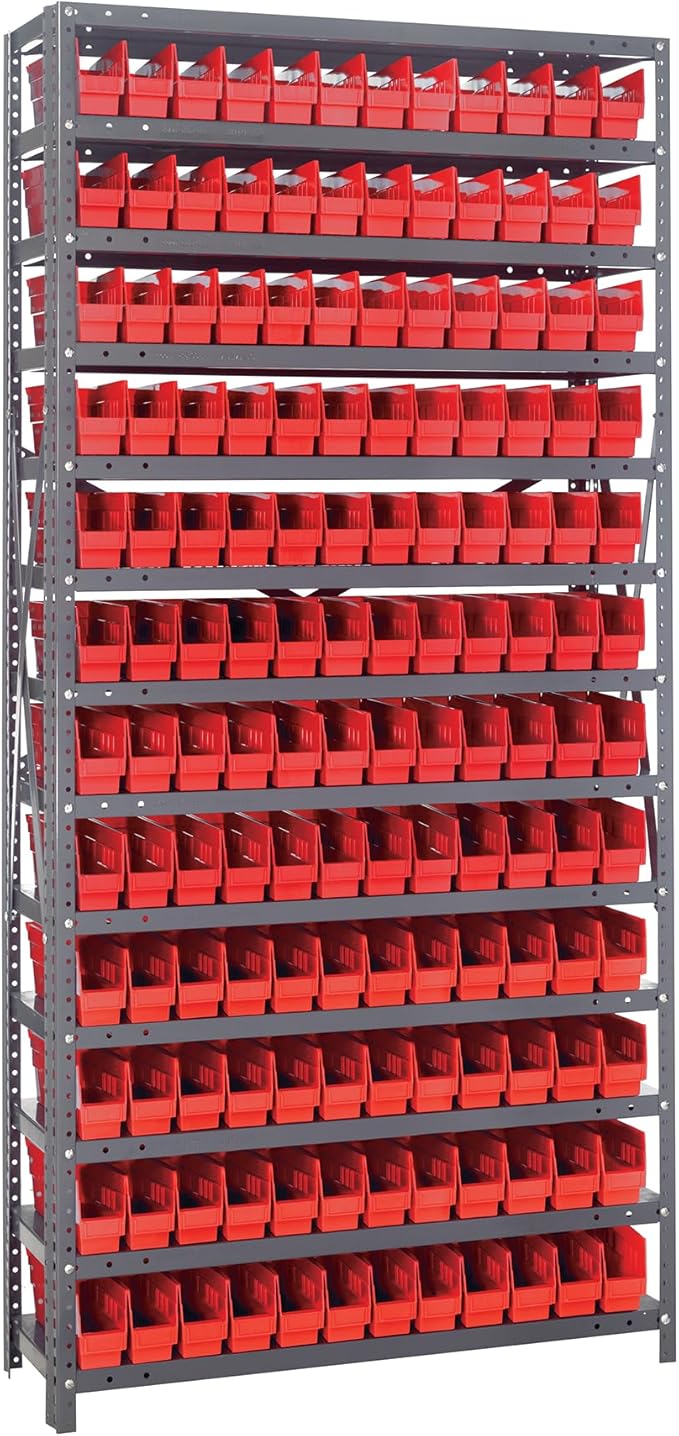 Quantum Storage Systems 1275-100RD Solid Heavy Duty 13 Shelves 144 Economy Red Bins 75" H x 36" W x 12" D