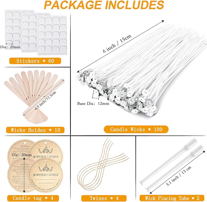 Candle Making Kit - 100pcs Wicks with Stickers, Holders, Placing Tube and Tags - 6 Inch Kit