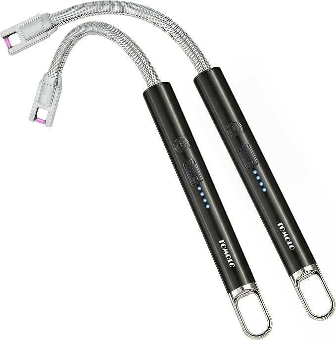TOMOLO Electric Candle Lighter, Long Flexible Neck Lighter with Safety Switch, Windproof Plasma Flameless USB Rechargeable Lighters for Candles, Grill, Camping & Gas Stove, 2-Pack (Black & Black)