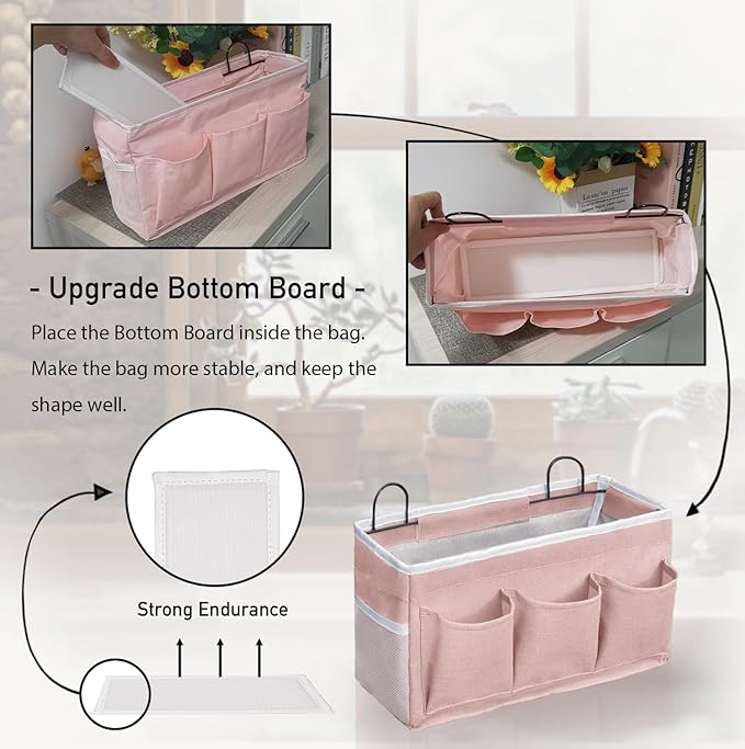 Kanrichu 2pcs Light-Style Wall Hanging Storage Bag, Linen Fabric Door Hanging Organizer Baskets with Pockets, Waterproof Bin for Bedroom, Kitchen, Office, RV Camper (Pink-2pcs)