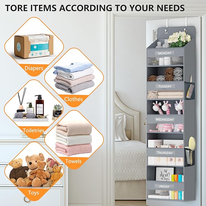 VERONLY Over The Door Organizer Storage, 5 Shelf Hanging Organizer with 4 Large Capacity Pockets, Anti Tilt 44 lb Load Behind Door Organizer for Bedroom, Bathroom, Pantry, Nursery