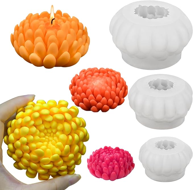 3 Pack Flower Candle Molds, 3D Peony Mum Molds Set Large + Medium + Small Chrysanthemum Silicone Molds for Candles Soap Epoxy Resin Clay Plaster Home Décor Handmade Gift