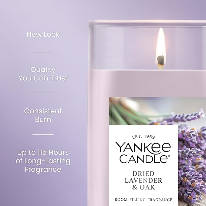 Yankee Candle Medium Pillar Scented Candle with up to 115 Hour Burn Time, Premium Plant Wax Blend for Consistent Burn, 14.25 oz Pillar Candle with Room Filling Fragrance, Dried Lavender & Oak