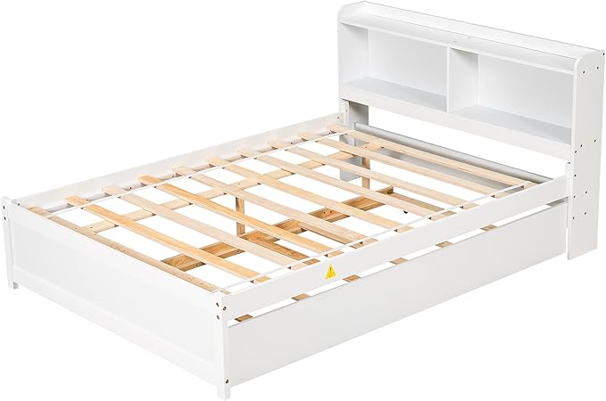 Harper & Bright Designs Full Size Captain Bed with Trundle and Bookcase Headboard, Wooden Full Platform Bed Frame with Storage Bookself, Trundle Bed Under for Kids Girls Boys, White