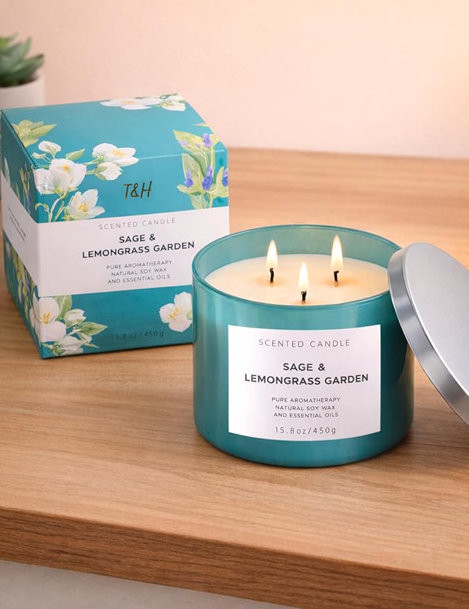 Sage Lemongrass Garden Scented Candle | 3 Wick Large Soy Candles for Home 15.8oz | Fresh Clean Herbal Citrus Candle | Long Lasting Clean Burn | Aromatherapy Stress Relief Gift for Women & Men