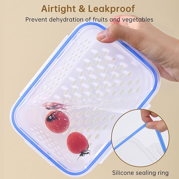 3 PCS Fruit Storage Containers for Fridge Food Storage Container Set with Removable Strainer, Lid with Strainer, Fruit & Vegetable Crisper, BPA-Free Plastic Produce Crisper for Long-Term Freshness