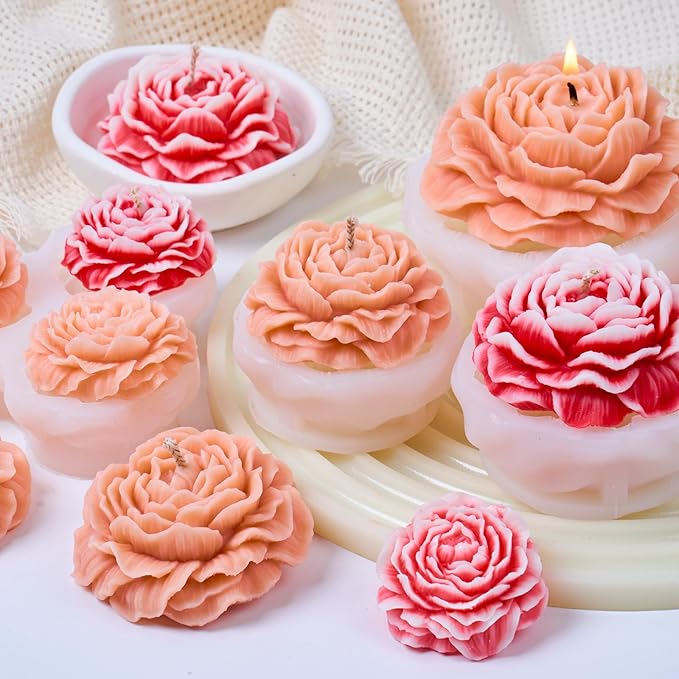 Peony Candle Making Kit with Candle Wicks Flower Silicone Mold for Candle Making Molds Set of Large + Medium + Small + 3 Cavities Peony Silicone Candle Mold Flower Wax Mold Soap Mould