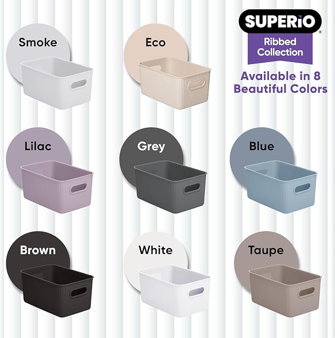 Superio Ribbed Collection - Decorative Plastic Basket Open Home Storage Bins Organizer, Medium Brown (2 Pack) Container Boxes for Organizing Closet Storage Bins for Shelves Drawer Shelf 5 Liter