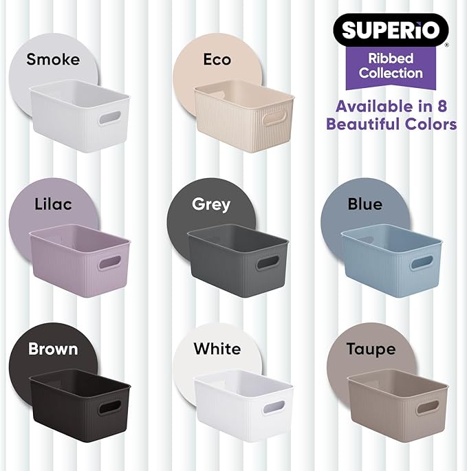Superio Ribbed Collection - Decorative Plastic Basket Open Home Storage Bins Organizer, Medium Lilac Purple (1 Pack) Container Boxes for Organizing Closet Storage Bins for Shelves 5 Liter