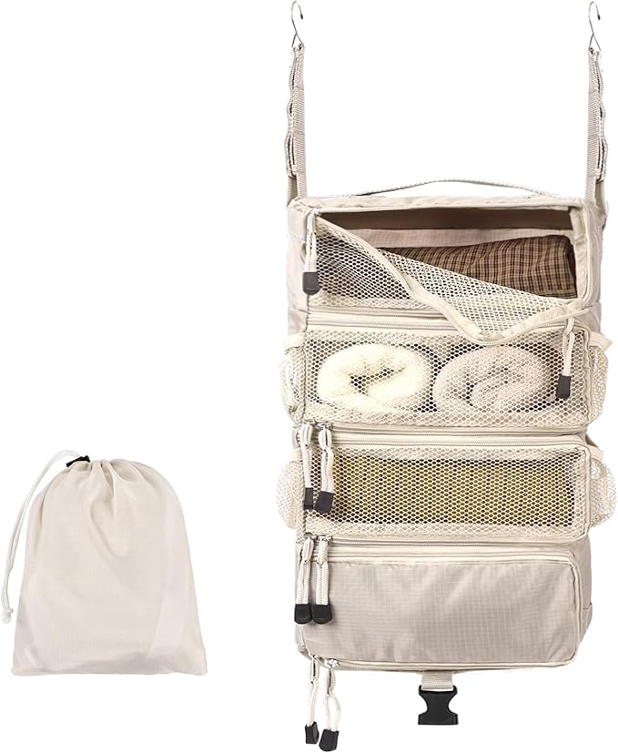 TABITORA Travel Luggage Organizer Hanging Packing Cubes Portable Hanging Shelves Carry on Closet for Suitcase with 2 Hooks,Collapsible(Beige,M)