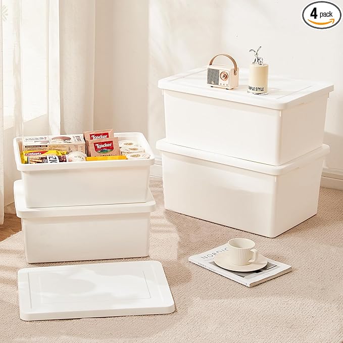 6gal+3gal high-end White multifunction storage box with lid, Set of 4 Stackable Plastic Boxes with Handles, Suitable for Garage and Home Storage, Waterproof and Moisture-Proof （2XXL+2L